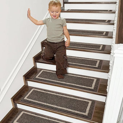 COSY HOMEER Soft Stair Treads Non-Slip Carpet Mat 28inX9in Indoor Stair Runners for Wooden Steps,Stair Rugs for Kids and Dogs, 100% Polyester TPE Backing 4pcs,Brown,Square
