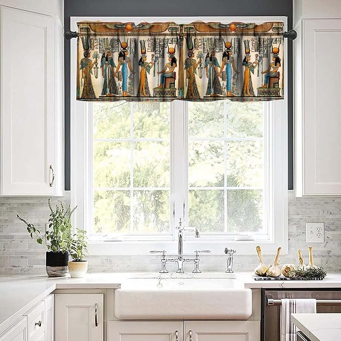 Vintage Ancient Egypt Valance Curtains, Egyptian Style Old Egypt Hieroglyphics Print Afican Pharaoh Theme Window Valance Curtain for Farmhouse Bedroom Living Room Kitchen 54x18inch