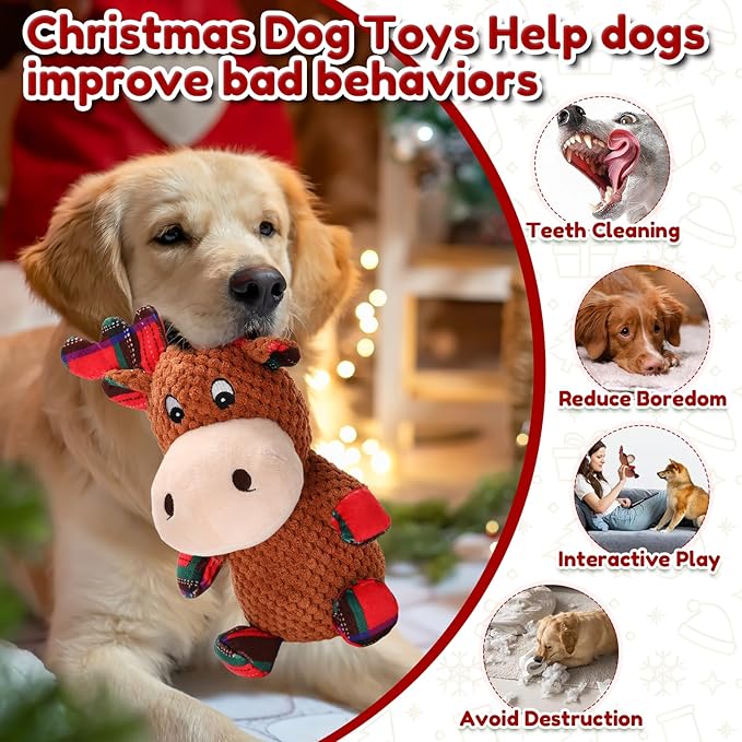 Christmas Dog Toys Plush Chew Toys for Dogs, Tough Stuffed Elk Squeaky Toy with Crinkle Paper, Adorable Xmas Reindeer Dog Toy, Dog Gifts for Small Medium Large Dogs to Keep Them Busy