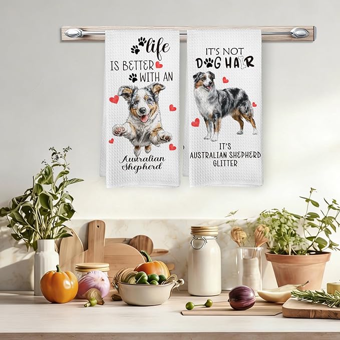 Australian Shepherd Gifts Kitchen Towels Set of 2, Funny Dog Hand Towels for Kitchen Bathroom Decor, for Women Dog Lovers Moms Owners Dishcloths Dish Towel 16X24 Inches