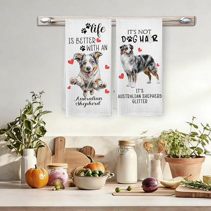 Australian Shepherd Gifts Kitchen Towels Set of 2, Funny Dog Hand Towels for Kitchen Bathroom Decor, for Women Dog Lovers Moms Owners Dishcloths Dish Towel 16X24 Inches