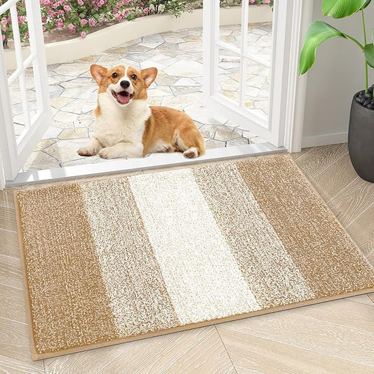 Smiry Dog Door Mat for Muddy Paws, Absorbs Moisture and Dirt, Low-Profile Entryway Mat with Non-Slip Backing, Entry Indoor Outdoor Doormat for Inside Floor (30x17 Inches, Beige, Striped)