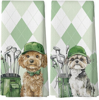 Golf Dog Kitchen Towels - Bichon Frise Shih Tzu Dish Towels, Sports Gifts, Pet Golf Club Decorative Absorbent Dishcloths Hand Towels Set of 2 for Spa Kitchen Gym Decor 16x24 Inches