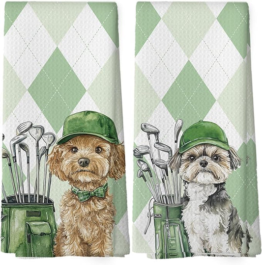 Golf Dog Kitchen Towels - Bichon Frise Shih Tzu Dish Towels, Sports Gifts, Pet Golf Club Decorative Absorbent Dishcloths Hand Towels Set of 2 for Spa Kitchen Gym Decor 16x24 Inches
