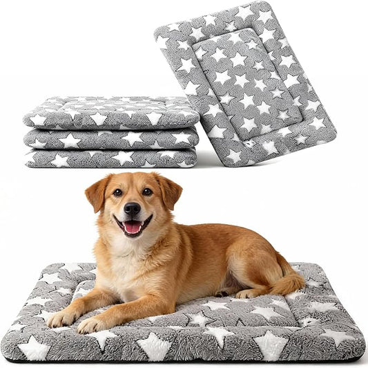 Dog Crate Mat, 4 Piece Reversible Pet Bed, Polyester, Machine Washable, Small Dogs & Cats, Rectangular(Gray Star, 30" L x 20" W x 1.5" Th)
