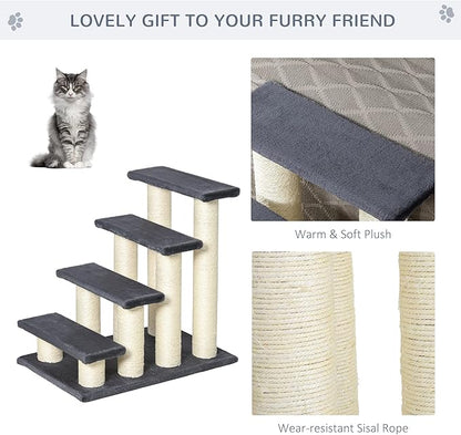 PawHut Cat Tree with 4 Steps for High Beds Couch, Cute Stair Shaped Cat Tree for Indoor Cats or Dogs w/Sisal Scratching Post, Climbing, Playing, Gray