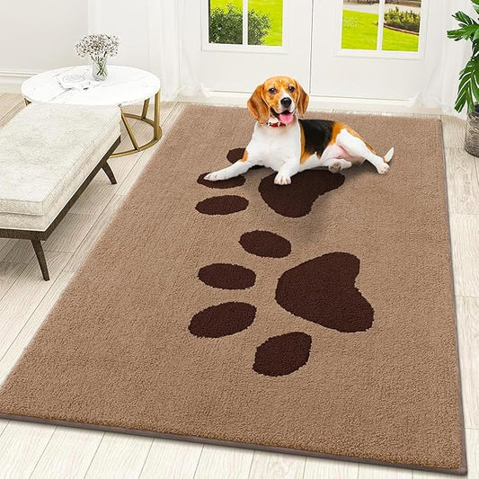 Smiry Dog Door Mat for Muddy Paws, Absorbs Moisture and Dirt, Low-Profile Entryway Mat with Non-Slip Backing, Entry Indoor Outdoor Doormat for Inside Floor (48x32 Inches, Beige, Paw)