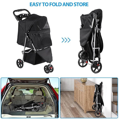LEMY 3 Wheels Pet Dog Cat Stroller for Small Medium Dogs Cats,Black Foldable Jogger Travel Puppy with Detachable Carrier