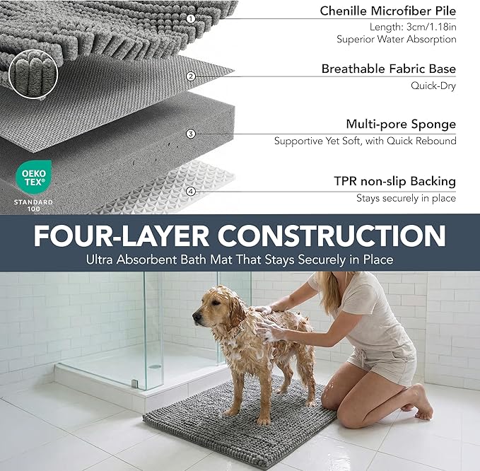 Deconovo Plush Waterproof Mats for Dogs, Absorbent Non-Slip Door Mat for Muddy Paws, 1.1" Thick Indoor Mat, Machine Washable Shaggy Pet Bed Mat, Quick Dry Indoor Entryway Rug, Gray, 24x17 Inch
