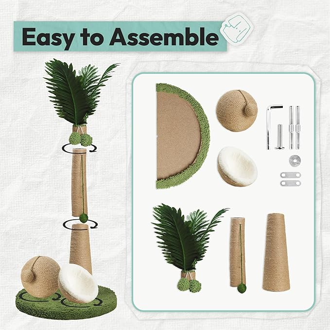 33" Tall Cat Scratching Post, Natural Jute Cat Scratcher for Indoor Cats,Twin Coconuts & Tree Design with Hanging Toy Ball & Rest Platform,Stable Furniture Protector for Kittens & Adult Cats,M