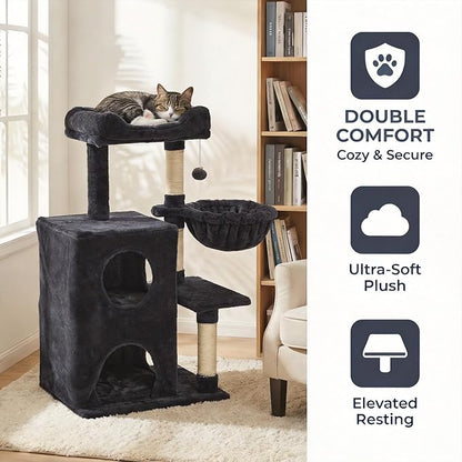 Fansafurn Cat Tree Tower for Indoor Cats, 36-inch Adult Cat Tree House for Large Adult Cats with Steps, Scratching Post, 2 Cat Condo, Dangling Toys, Dark Grey