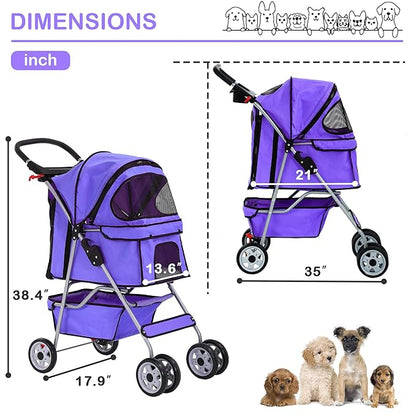 4 Wheels Dog Stroller, Foldable Pet Stroller for Small Medium Dogs, Portable Breathable Cat Stroller Dog Strollers with Storage Basket, Cup Holders, Removable Liner for Travel & Outdoor Use, Purple