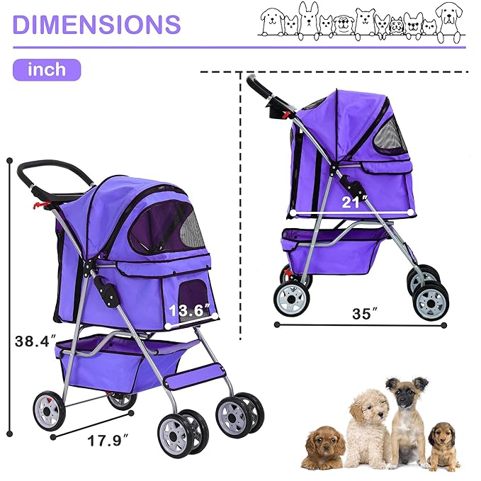 4 Wheels Pet Stroller Waterproof,Travel Stroller for Small Medium Dogs & Cats,Easy Fold with Removable Liner,Storage Basket,Purple