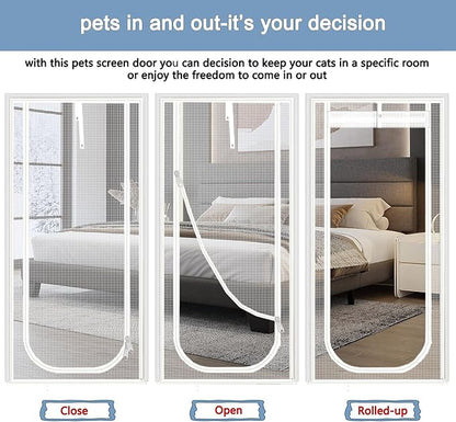 Reinforced Cat Screen Door,Fits Door Opening Size 38''x 82'',Thickened Cat Resistant Mesh Screen Door for Living Room,Kitchen,Bedroom,Cat Proof Screen with Zipper Closure. (U-Type,White)