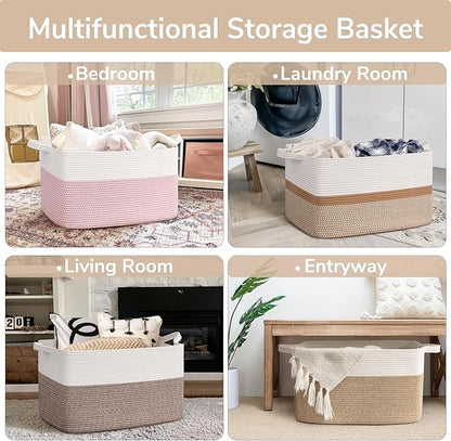Goodpick Large Woven Blanket Basket 21.6" x 14.9" x 11.8" Storage Baskets for Organizing, Cotton Rope Basket for Home Decor Living Room Nursery, Toy Baskets Storage Kids, White & Camel Mix
