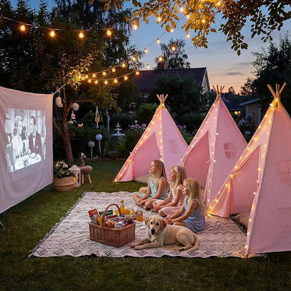 Wilwolfer 6 Pack Teepee Tent for Kids, Foldable Indoor Play Sleepover Tent with Star Lights for Girls Party, Portable Toddler Slumber Party Tents Gift, Pink