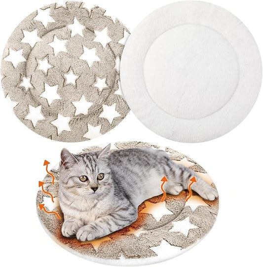 VitalCozy 2 Pack Self Heating Cat Pad Self Heating Cat Bed Machine Washable Heat Pet Mat Reversible Body Thermal Warm Round Dog Bed Crate Blanket for Feral and Indoor Cats(16'',Apricot Large Star)
