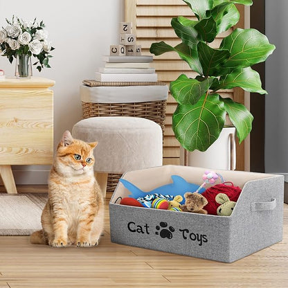 2X Thicker Large Cat Toy Bin Collapsible Cat Toy Box Sturdy Cat Toy Basket Kitten Toy Storage Bed for Organizing Cat Toys Treats Clothes and Accessories (Grey)