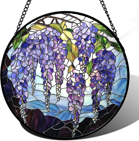 Stained Glass Window Hanging, Wisteria Flower Sun Catcher for Door Home Decor Purple and Blue Suncatcher Christmas Mother's Day Birthday Gifts for Women Men Mom and Nana 15 in