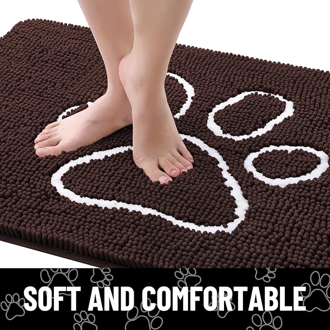 Smiry 2 Piece Dog Door Mat for Muddy Paws, Absorbent Dirt Trapper Non Slip Quick Dry Washable Chenille Mat for Mud Dogs, Entry Rug for Indoor and Outdoor (30x20 Inches, Brown)