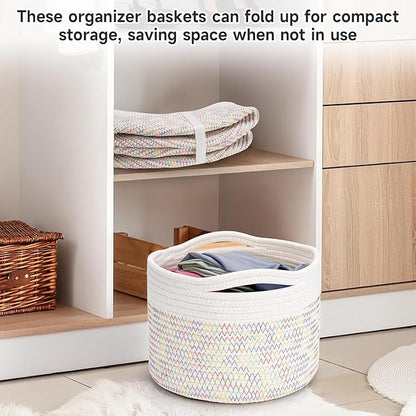 Small Rope Baskets for Storage, Baskets for Gifts Empty, Cute Round Woven Basket, Decorative Shelf Baskets 9.82×9.82×7.1", Cotton Toy Basket Storage Bins for Organizer 3 Packs-Rainbow