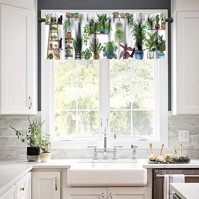 Bohemian Flower Window Valance Curtains, Colorful Boho Floral Black Cats Art Green House Tropical Plants Potted Flower Valance Curtain for Farmhouse Bedroom Living Room Kitchen 54x18inch