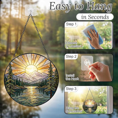 Sanwarm Stained Glass Window Hanging, Mountain Sunrise Lake Suncatcher Window Decor for Indoor Home Sun Catcher Ornament, Mother’s Day & Birthday Gift for Women, Men, Mom & Nana, 7.8 in