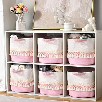 2 Pack Storage Basket for Shelves, Boho Cotton Rope Storage Bins with Heavy Tassel, Shelf Baskets Large Woven Baskets for Organizing, Cube Organizer Bins, Baby Laundry Basket for Clothes, Toys, Pets