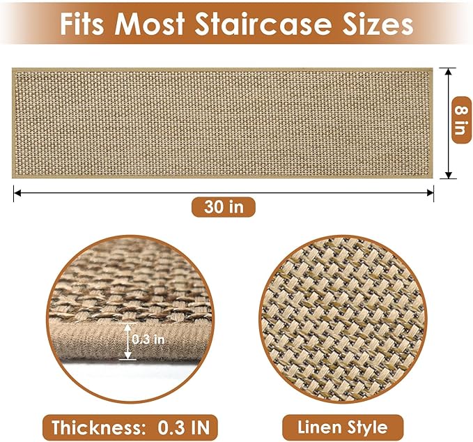 Arttown 15 Pcs 30" x 8" Linen Non-Slip Stair Tread Mats for Indoor Wooden Steps Step Mats with Reusable Adhesive Peel and Stick Carpet Stair Treads for Kids, Elderly and Pets, Beige