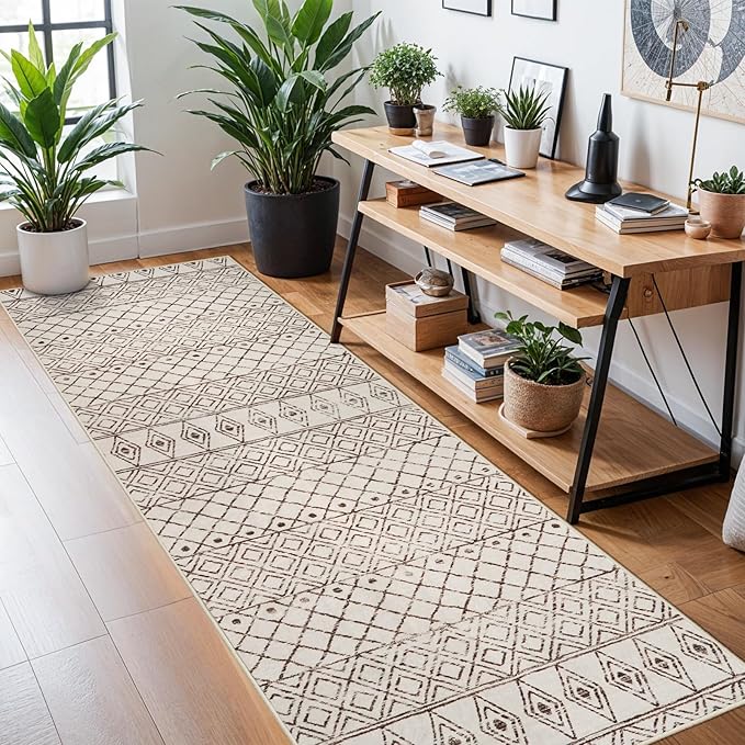 3x10 Runner Rug for Hallway - Machine Washable Rug Runners Low Pile Rug with Rubber Backing Floor Mat Non Slip Moroccan Indoor Carpet for Kitchen Bedroom Entryway 3x10 Geo Beige