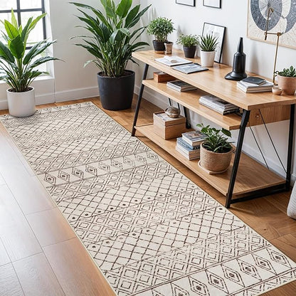 3x10 Runner Rug for Hallway - Machine Washable Rug Runners Low Pile Rug with Rubber Backing Floor Mat Non Slip Moroccan Indoor Carpet for Kitchen Bedroom Entryway 3x10 Geo Beige