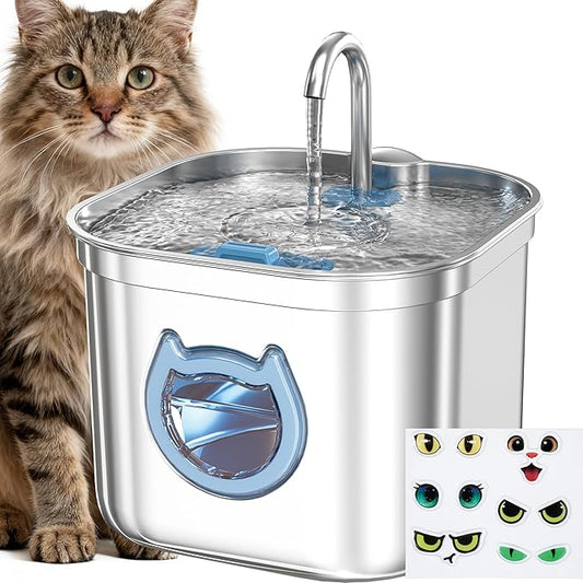 Homtyler Luxury Automatic Cat Water Fountain for Pets, 2.2L/74oz Stainless Steel Dog Water Dispenser with Filter, BPA Free & Silent, Featuring LED Light, Easy Clean & Cat View Window