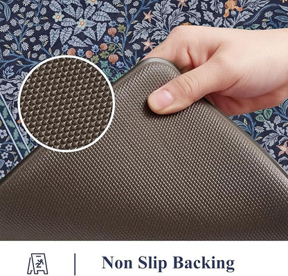 Collive Kitchen Mats for Floor 2PCS, Cushioned Anti Fatigue Rugs Non Slip Waterproof Kitchen Sink Mat, Dark Blue Floral Standing Mat for Bar, Office, Desk, Home Decor, 20" x 47" + 20" x 32"