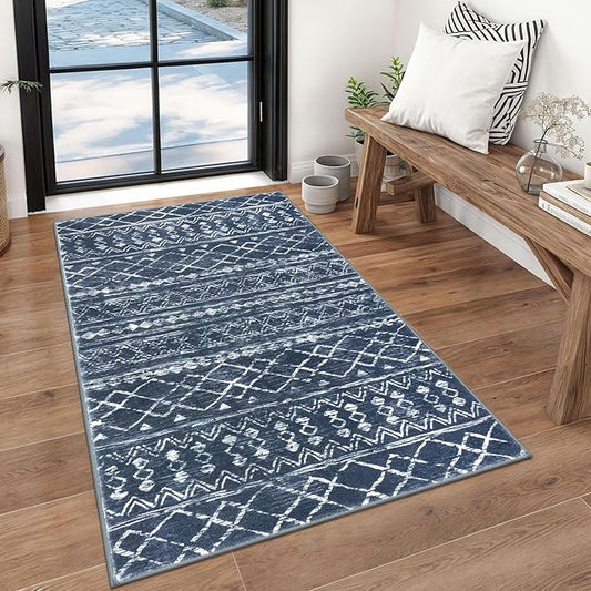 KUTA 3x5 Boho Area Rug for Living Room, Moroccan Washable Kitchen Rugs Non Slip, Navy Blue Ultra Soft Print Distressed Geometric Low-Pile Entry Throw Carpet for Bedroom Nursery Dorm Decor
