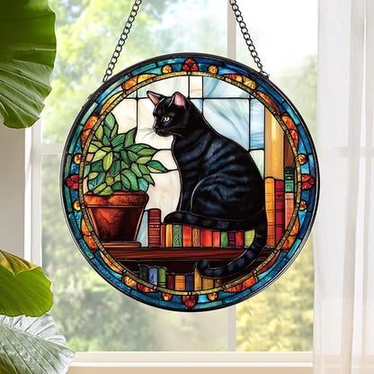 Black Cat Stained Glass Window Hanging Gifts for Women, 7.8″ Book Suncatchers for Indoor Window Decor, Decorative Sun Catchers Home Wall Art Gift for Thanksgiving Christmas Housewarming