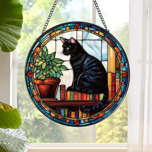 Black Cat Stained Glass Window Hanging Gifts for Women, 7.8″ Book Suncatchers for Indoor Window Decor, Decorative Sun Catchers Home Wall Art Gift for Thanksgiving Christmas Housewarming