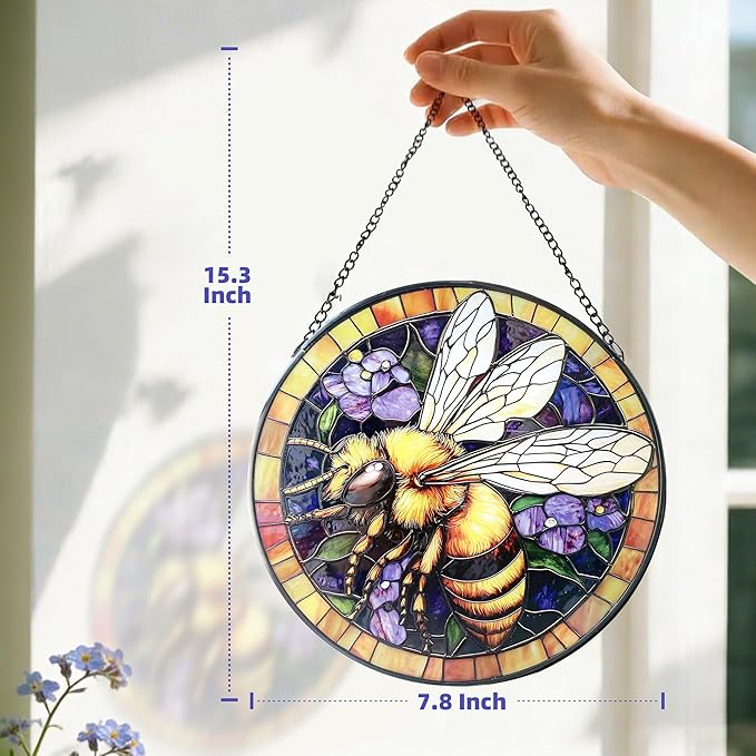 Handcrafted Bee Stained Glass Suncatcher - 7.8 Inch Window Hanging for Home, Kitchen, Porch, Terrace, Garden & Farmhouse - Perfect Mother's Day, Easter & Birthday Gift for Mom & Teachers