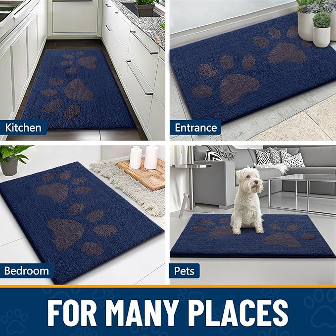 Smiry Dog Door Mat for Muddy Paws, Absorbs Moisture and Dirt, Low-Profile Entryway Mat with Non-Slip Backing, Entry Indoor Outdoor Doormat for Inside Floor (40x32 Inches, Navy Blue, Paw)