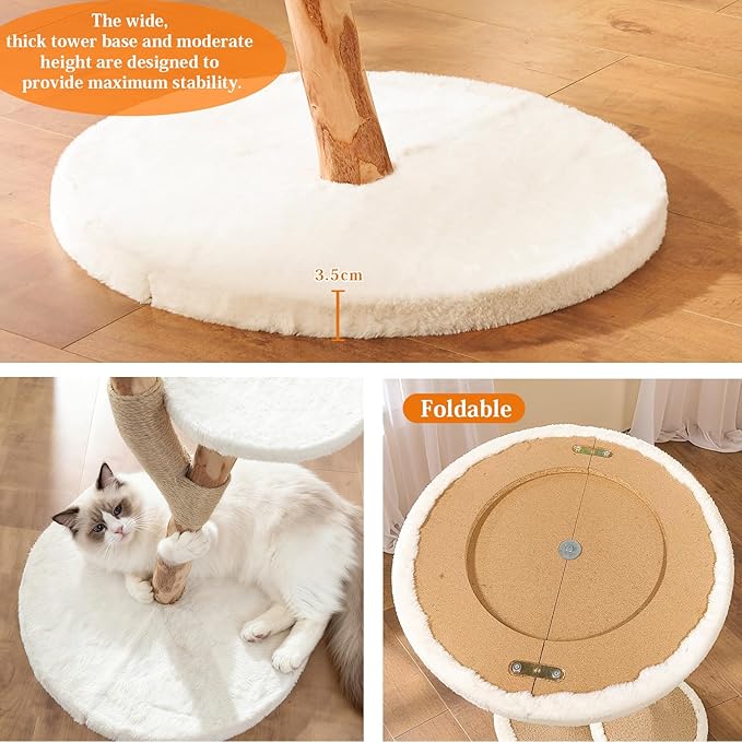 Modern Cat Tree Tower for Indoor Cats, 2-Tier Cat Furniture with Natural Wood Posts, Soft Plush Bed, Scratching Post & Hanging Ball Toy, Stylish Cat Climbing Tower