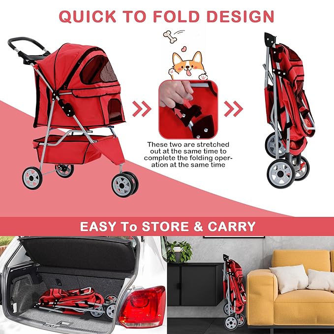 3 Wheels Dog Stroller, Foldable Pet Stroller for Small Medium Dogs, Portable Breathable Cat Stroller Dog Strollers with Storage Basket, Cup Holders, Removable Liner for Travel & Outdoor Use, Red