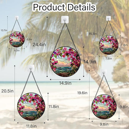 Stained Glass Window Hanging, Purple Flower Landscape Wreath Sun Catcher for Door Home Decor Plants Suncatcher Christmas Mother's Day Birthday Gifts for Women Men Mom Nana 9.8 in