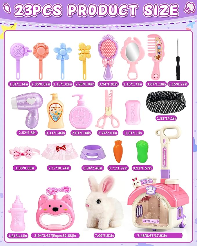 23Pcs Hopping Bunny Toy Set for Kids, Easter Interactive Electric Walking Rabbit with Rolling Carrier House, Pretend Play Pet Care Grooming & Feeding Kit, Stuffed Animal Gift for Toddlers 3-5