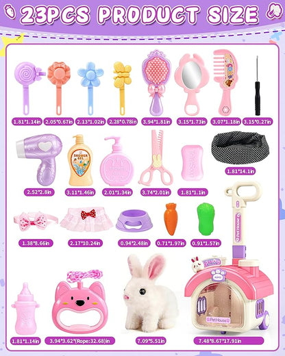 23Pcs Hopping Bunny Toy Set for Kids, Easter Interactive Electric Walking Rabbit with Rolling Carrier House, Pretend Play Pet Care Grooming & Feeding Kit, Stuffed Animal Gift for Toddlers 3-5