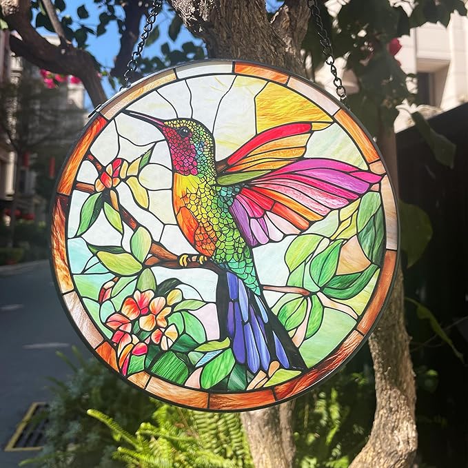 Stained Glass Hummingbird Suncatcher, Colorful Bird Suncatcher Glass Panel for Window Hanging, Unique Gift for Bird Lovers, Women, Mom, Grandma, 7.8 Inch