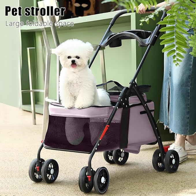 Pet Stroller 4 Wheels Dog Cat Stroller,Outdoor Trave Pet Folding Stroller,Foldable Dog Cat Cage Jogger Stroller with Cup Holder,Breathable and Visible Mesh for Medium Dogs Cats Pink
