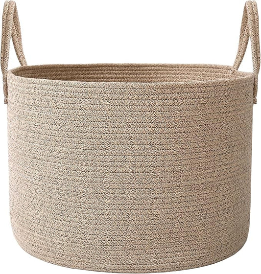 65L Extra Large Blanket Basket for Living Room - Woven Cotton Rope Laundry Hamper with Reinforced Handles - Storage Bin for Pillows, Comforters & Toys - Machine Washable,Oatmeal