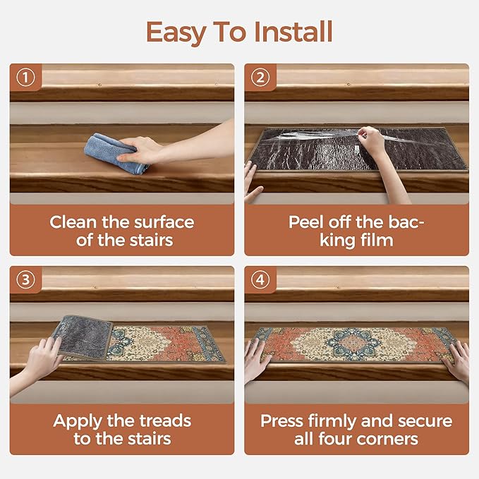 Non Slip Stair Treads for Wooden Steps 15PCS - 8"x30" Indoor Safety Carpet, Edging Mats with TPE Adhesive Backing, Pet and Elderly Friendly Stair Rugs (Red)