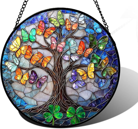 Stained Glass Window Hanging, Butterfly Tree Clover Sun Catchers Glass Panel Blue Suncatcher Decor for Birthday for Women, Men, Wife, Aunt, and Mom 7.8 in