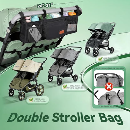 Guiseapue Double Stroller Organizer with 2 Insulated Cup Holders: Parent Console Double Jogging Stroller Accessories Fits for Baby Jogger City Mini GT2 and Jeep Double Stroller