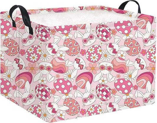 HIYAGON Rectangular Easter Basket Pink Bunny Easter Basket for Kids Gift Basket Empty Baby Girl Storage Baskets Toy Basket Cute Storage Bin Organizer Box Bunny Room Decor for Books(Pink Bunny)
